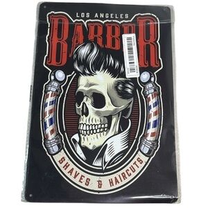 VINTAGE Vibe Los Angeles Barber Shaves & Haircuts Tin Metal Sign Skull Red Black